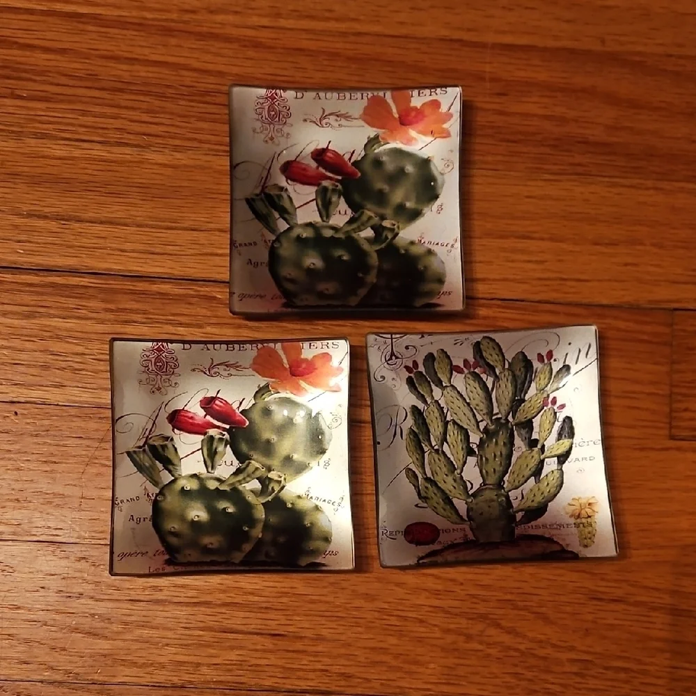3 Glass Cactus Design Trinket Dishes, Square, 4